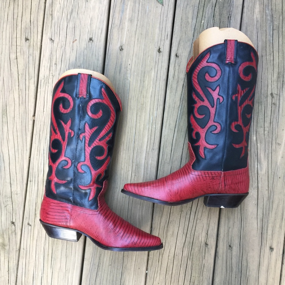 Vintage Leather Cowboy Boots Red and Black - Picture 2 of 6